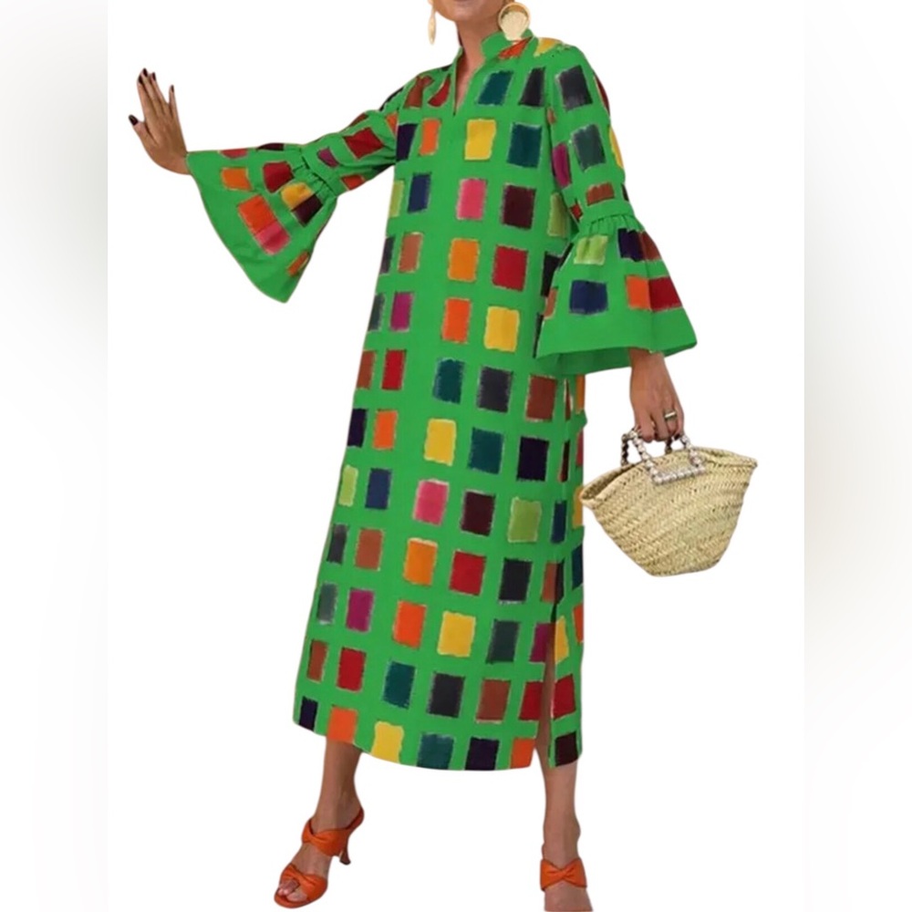 UOOZEE N.W.T. Colorful Geometric Square Dress M. Size,Side Slit,Midi Mid Calf, - Picture 2 of 6
